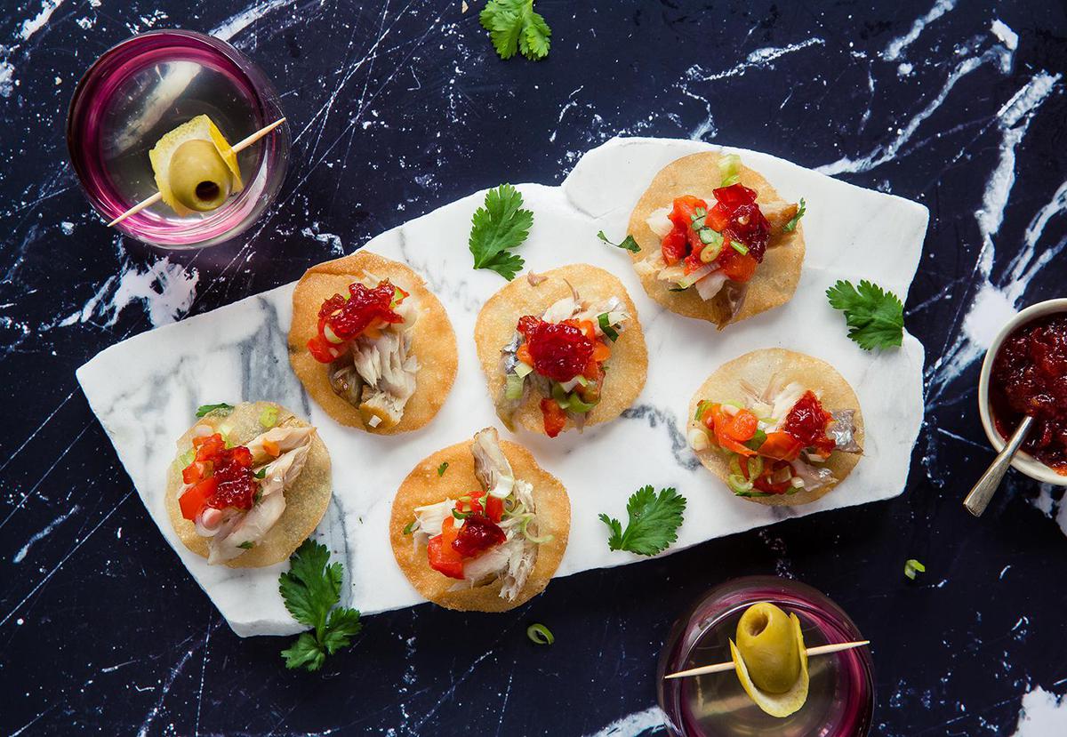 Smoked Fish & Chilli Jam On Crispy Wontons - Viva